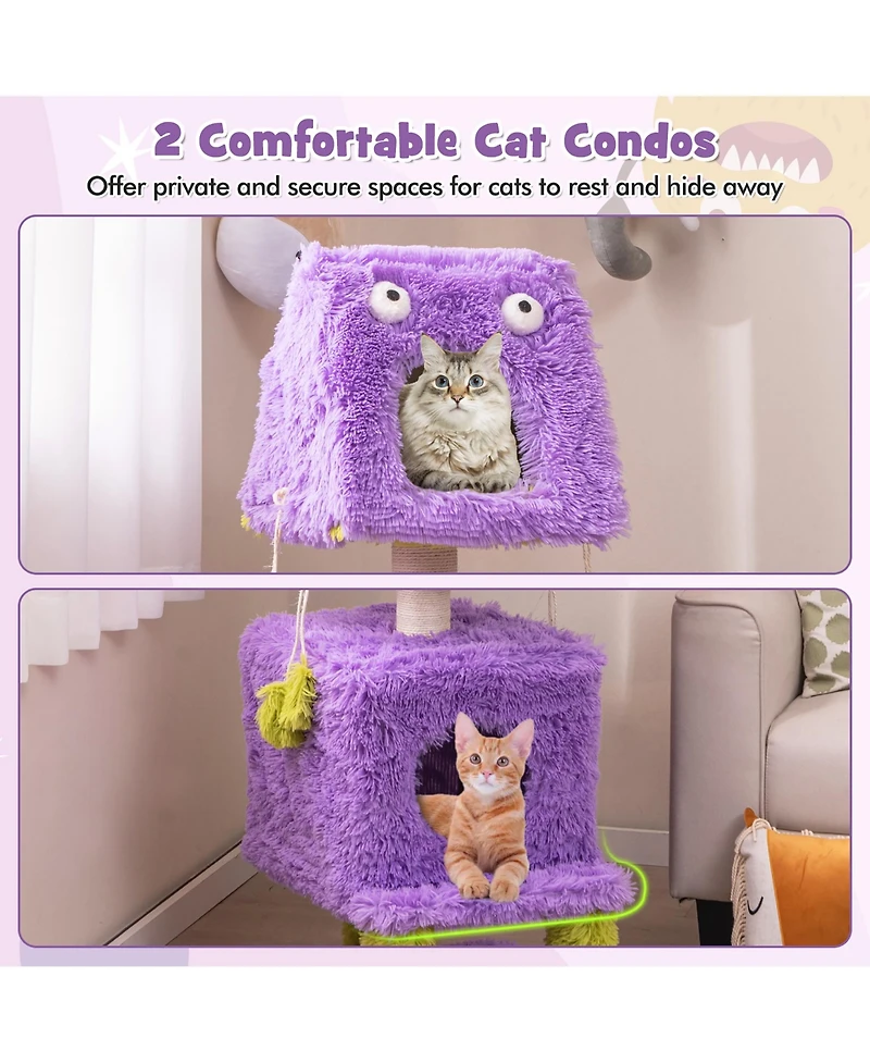 Gymax Cat Tree Cute Monster-Themed Cat Tower w/ 2 Private Condos & Soft Long Plush