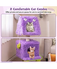 Gymax Cat Tree Cute Monster-Themed Cat Tower w/ 2 Private Condos & Soft Long Plush