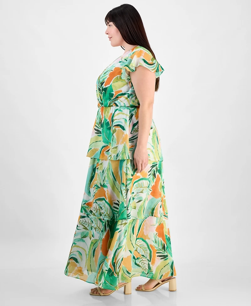 julia jordan Plus Crinkled Floral-Print Tiered Maxi Dress