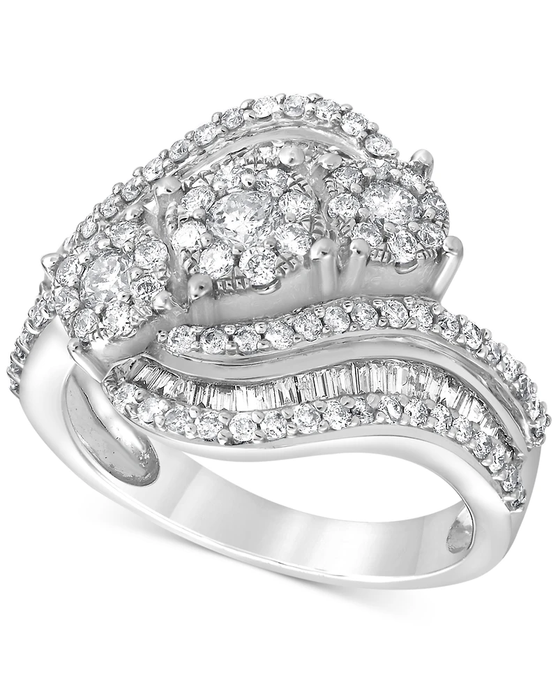 Diamond Round & Baguette Triple Cluster Swirl Ring (1 ct. t.w.) in 10k White Gold