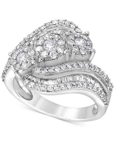 Diamond Round & Baguette Triple Cluster Swirl Ring (1 ct. t.w.) in 10k White Gold