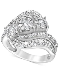 Diamond Round & Baguette Triple Cluster Swirl Ring (1 ct. t.w.) in 10k White Gold