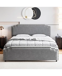 gaomon Queen Size Bed Frame with Headboard, Velvet Upholstered Platform Bed with Rivet Decor, Heavy Duty, No Box Spring Needed, Easy Assembly