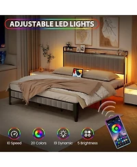 gaomon Full Size Bed Frame with Led Light and Charging Station, Upholstered Platform Bed with Storage Headboard, Metal Slat, Noise Free, Easy Assembly