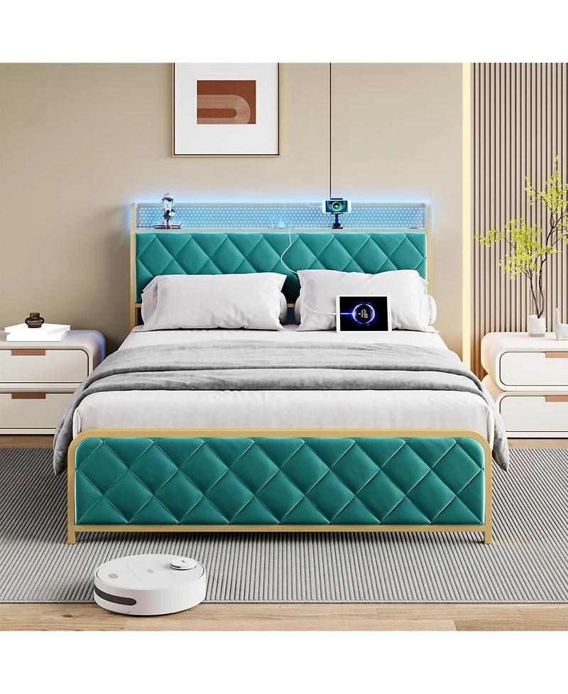 gaomon King Bed Frame with Velvet Storage Headboard, Heavy Duty Steel Slats Support Metal Platform Bed Frame w/Charging Station & Led, App Remote Cont