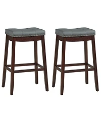 Gymax Set of 2 Nailhead Saddle Bar Stools 29'' Pub Chairs with Rubber Wood Legs