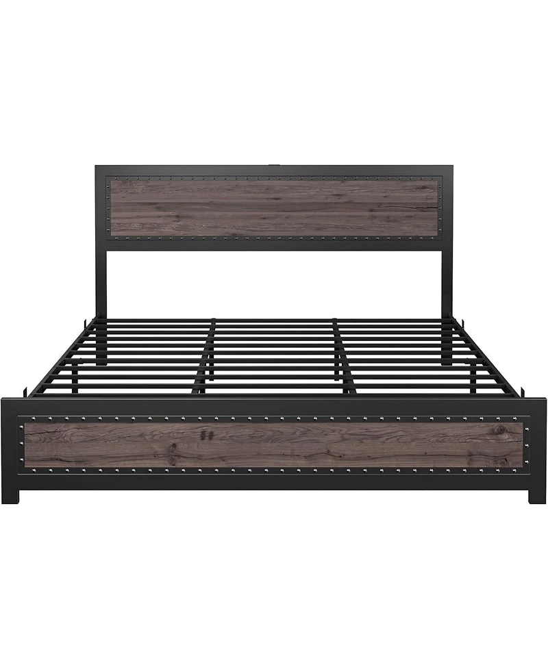 gaomon King Size Bed Frame with Headboard, Industrial Platform Bed Frame with Charging Station, No Box Spring Required, Easy to Assemble, Wooden Mattr