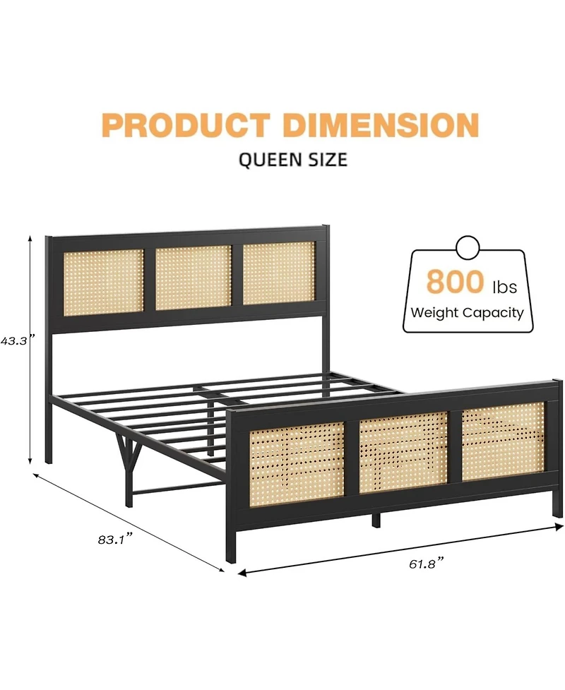 gaomon Rattan Bed Frame with Headboard, Black Boho Cane Platform Bed Frame with Strong Metal Slat, Noise Free, No Box Spring Needed
