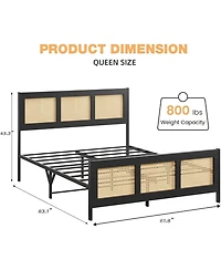 gaomon Rattan Bed Frame with Headboard, Black Boho Cane Platform Bed Frame with Strong Metal Slat, Noise Free, No Box Spring Needed