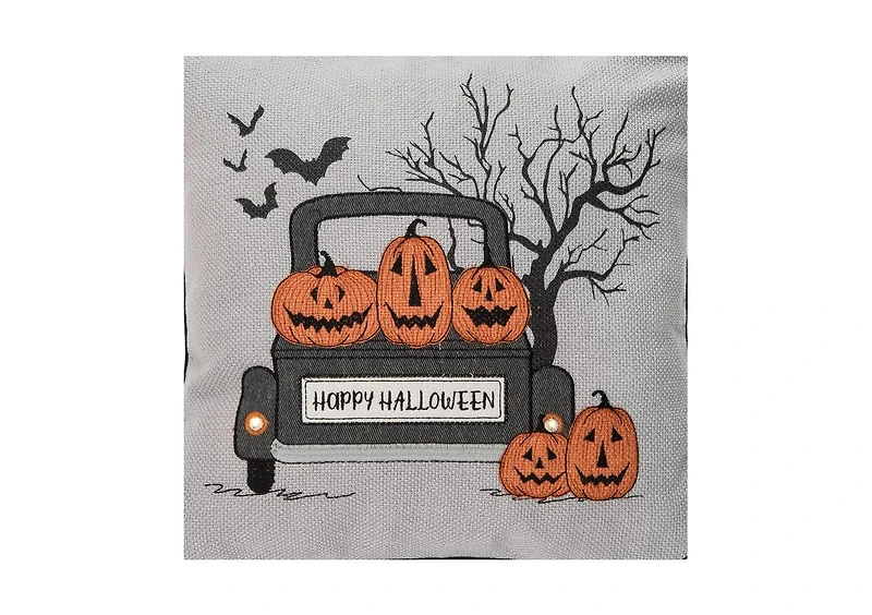Halloween Pickup Truck Accent Throw Pillow, 18" x 18" With Light-Up Led
