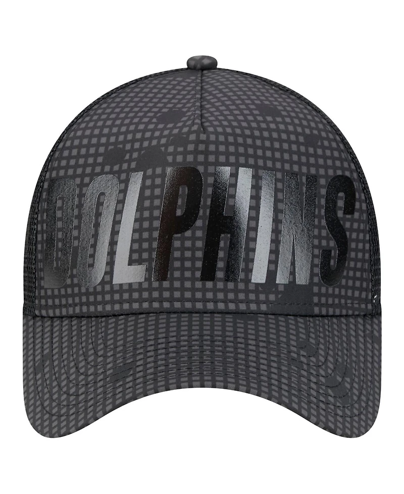 New Era Men's Black Miami Dolphins Midnight Ink Tonal Text A-Frame Trucker 9FORTY Adjustable Hat