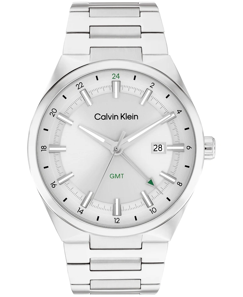 Calvin Klein Men's Distinguish Gmt Silver Tone Stainless Steel Bracelet Watch, 44mm