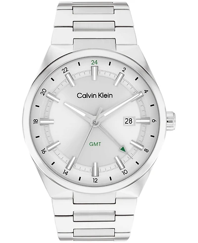 Calvin Klein Men's Distinguish Gmt Silver Tone Stainless Steel Bracelet Watch, 44mm