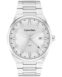 Calvin Klein Men's Distinguish Gmt Silver Tone Stainless Steel Bracelet Watch, 44mm