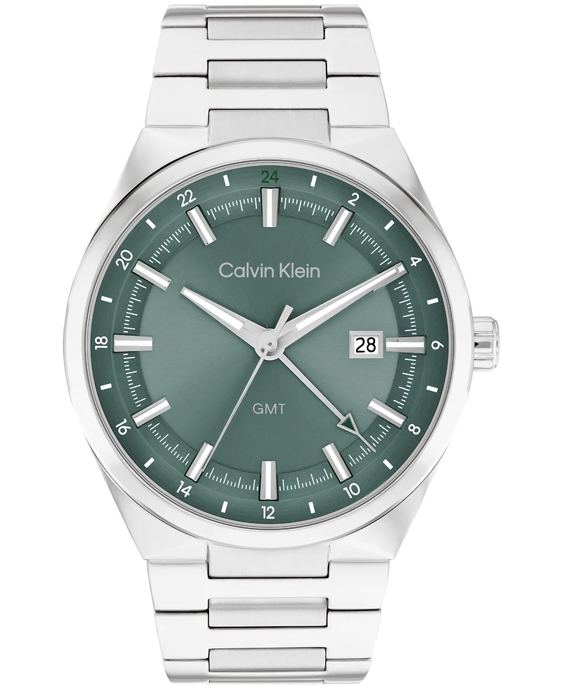 Calvin Klein Men's Distinguish Gmt Silver Tone Stainless Steel Bracelet Watch, 44mm