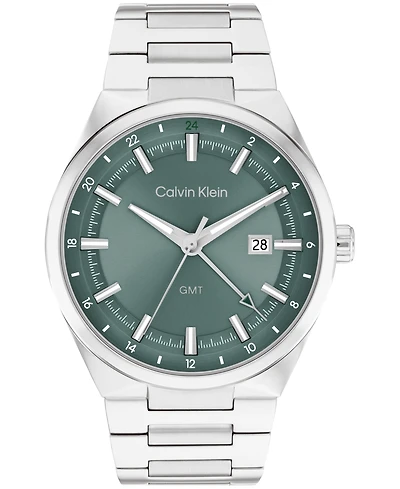 Calvin Klein Men's Distinguish Gmt Silver Tone Stainless Steel Bracelet Watch, 44mm