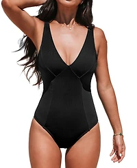 Cupshe Women's Elegant Black Ribbed Texture One-Piece Swimsuit with Plunging Neckline