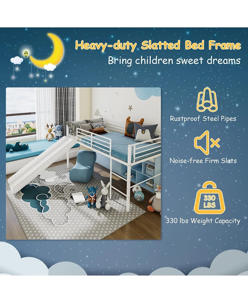 Gouun Twin Metal Loft Bed with Slide Safety Guardrails and Built-in Ladder