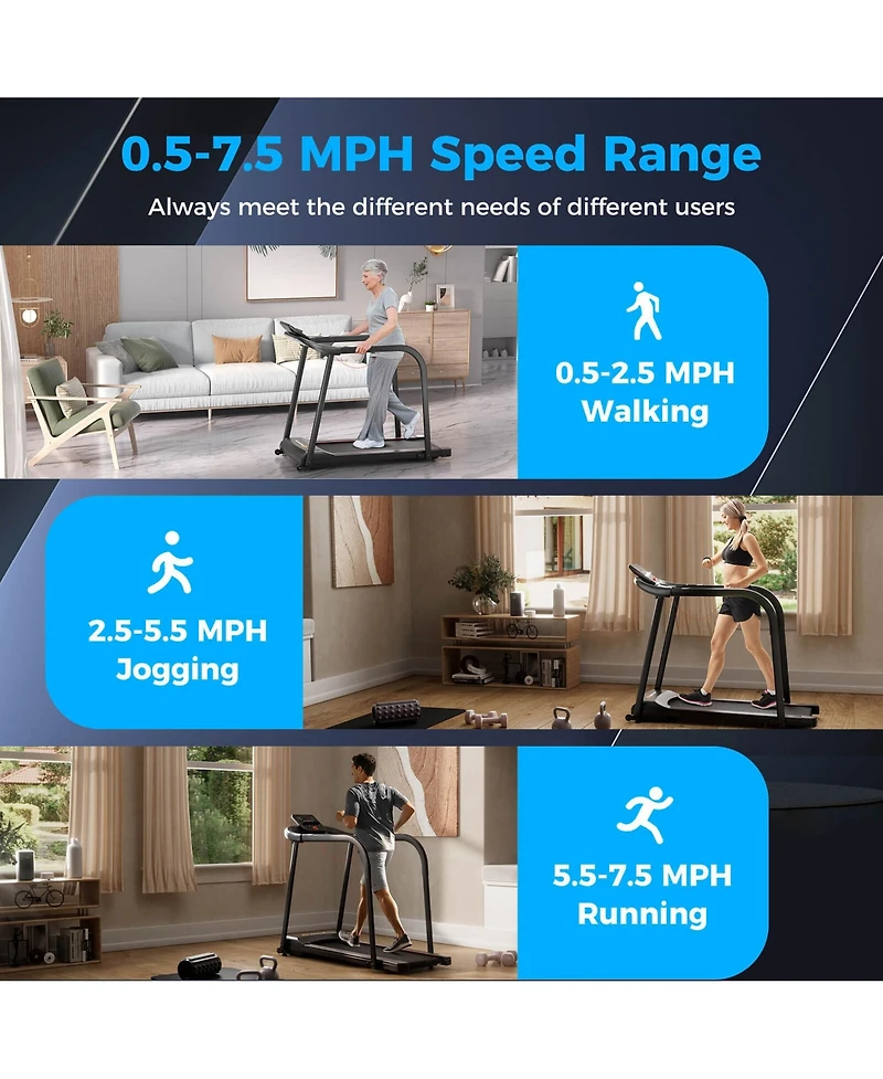 Costway 2.5 Hp Walking Treadmill with Long Handrails for Seniors Pulse Sensors Led Display