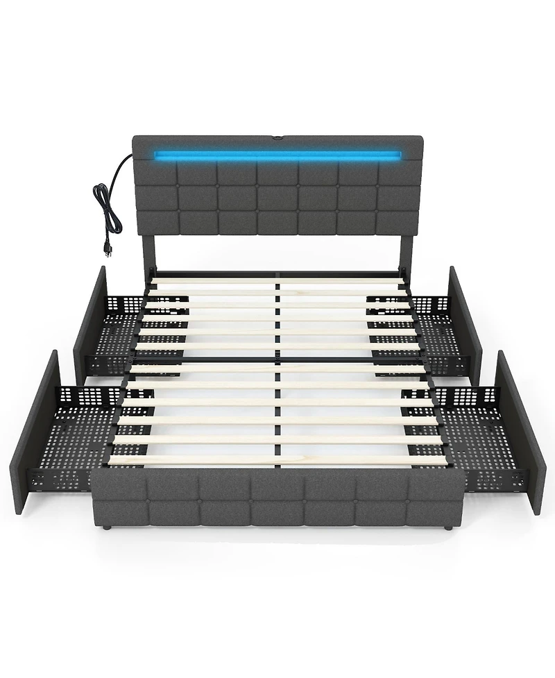 Gouun Upholstered Queen Led Bed Frame with Headboard and 4 Drawers-Queen Size