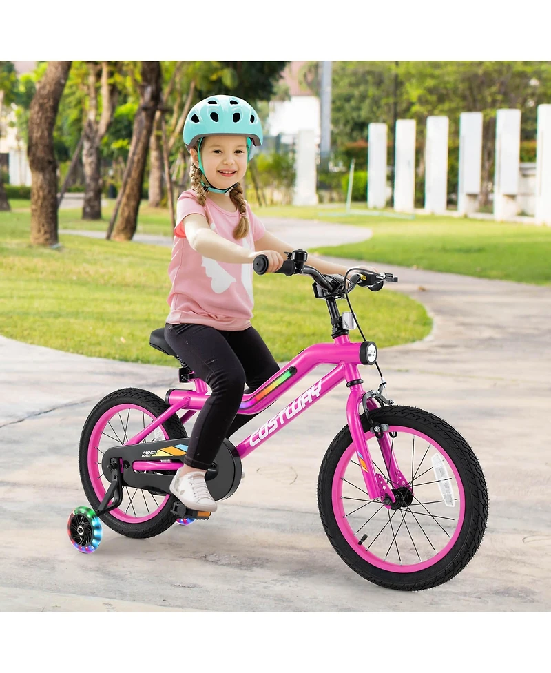 16" Led Lighted Kids Bike with Adjustable Seat Coaster Brake Training Wheels