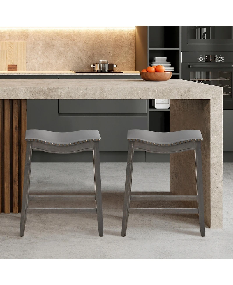 Gymax Set of 2 Saddle Bar Stools Counter Height Kitchen Chairs w/ Rubber Wood Legs