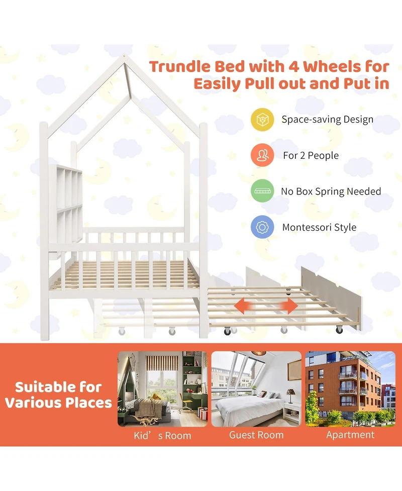 Twin Size Kids Montessori Daybed with Roof Design and Built-in Shelf Compartments