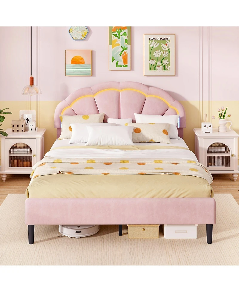 Queen Size Upholstered Led Bed Frame with Adjustable Flower Headboard and Metal Support Legs