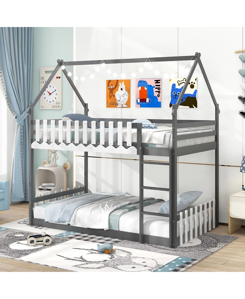 Twin Over Twin Bunk Bed with Fence and Ladder for Kids