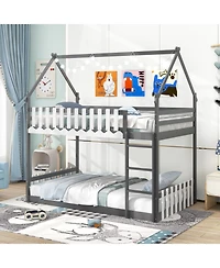 Twin Over Twin Bunk Bed with Fence and Ladder for Kids