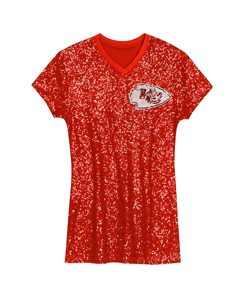 Outerstuff Big Girls Patrick Mahomes Red Kansas City Chiefs Sequin Player Name Number V-Neck Dress