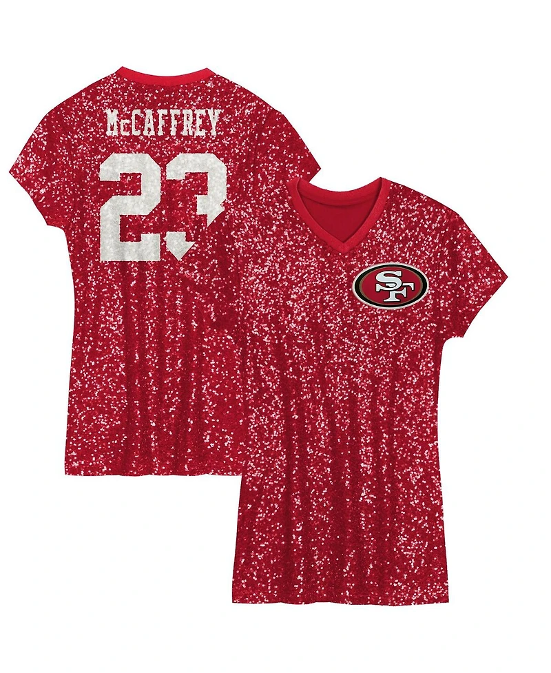 Outerstuff Big Girls Christian McCaffrey Scarlet San Francisco 49ers Sequin Player Name Number V-Neck Dress