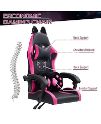Dyhome Faux Leather Gaming Chair with Cat Paw Lumbar Cushion and Ears, Ergonomic Computer Chair, Reclining Pc Game