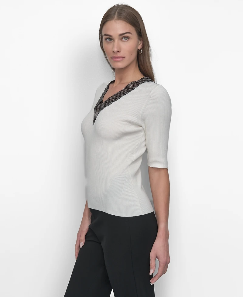 Dkny Women's Embellished-Neck Half-Sleeve Ribbed Sweater