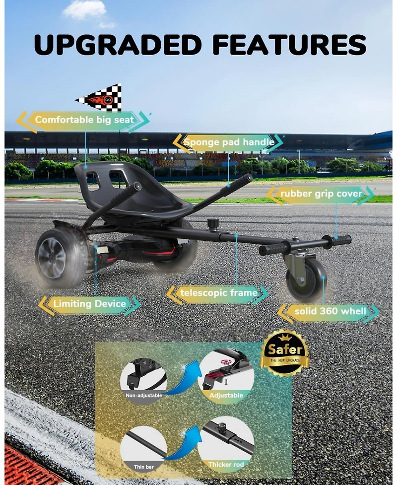 Gyroshoes Hoverboard Go Kart Seat Attachment, Compatible with 6.5" 8" 10" Hoverboards, Adjustable Frame Length for Kids and Adults