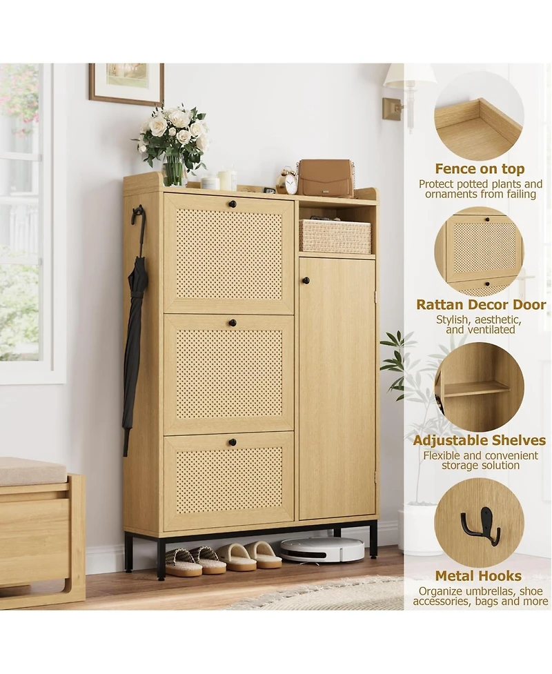gaomon Shoe Cabinet Rattan with 3 Flip Drawers and 4-Tier Shoe Storage Cabinet, Freestanding Shoe Organizer with Adjustable Shelves for Entryway