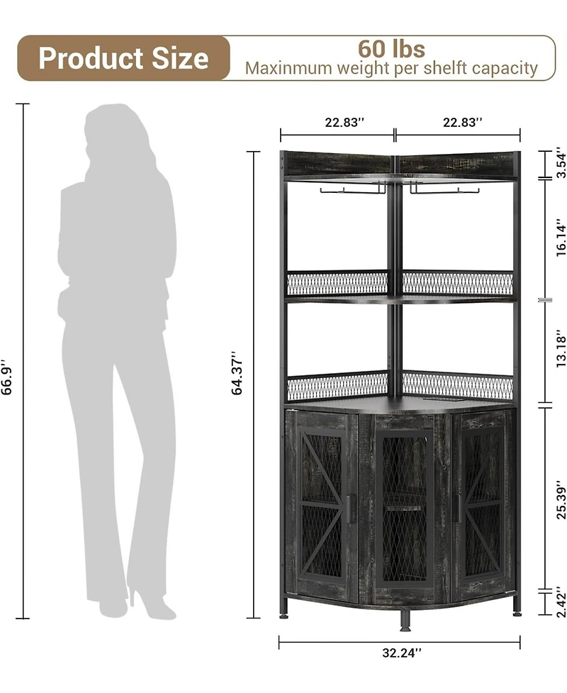 gaomon Corner Bar Cabinet with Charge Oult, 5-Tiers Wine Cabinet with Led Light and Glass Holder, Tall Home Liquor Cabinet for Living Room, Corner Dis