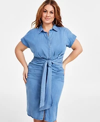 Nina Parker Trendy Plus Size Denim Ruched Tie-Front Dress