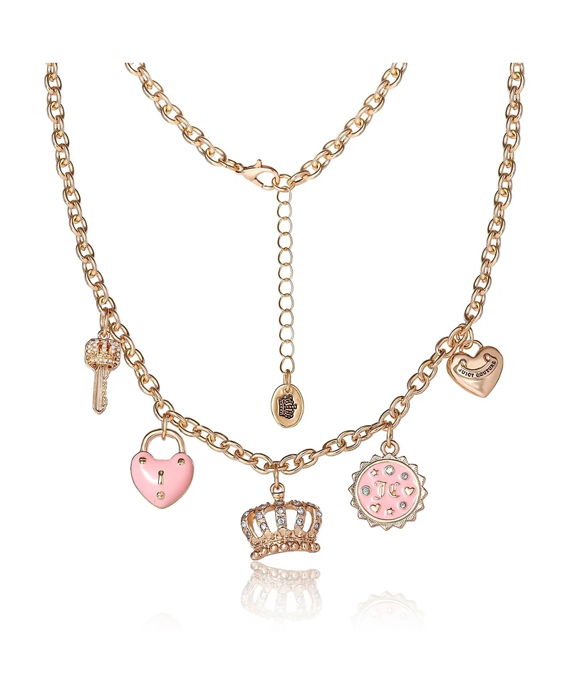 Juicy Couture Gold-Tone Charm Necklace with Pink Enamel Accents and Crystal Details