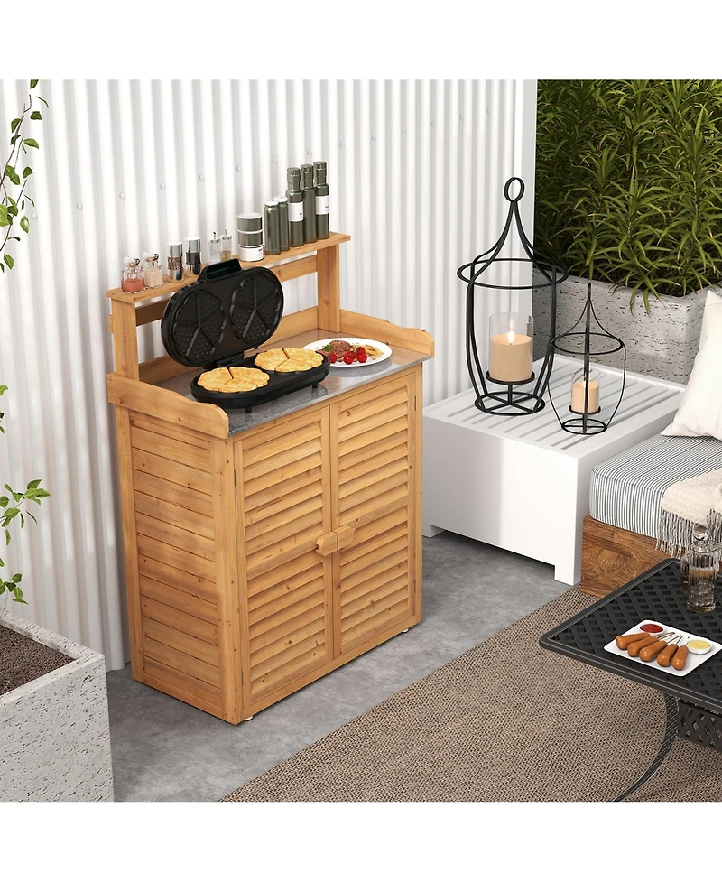 Outdoor Potting Bench with Galvanized Metal Countertop 3 Hanging Hooks