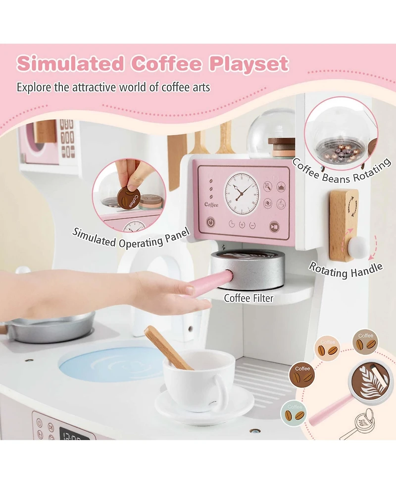 Wooden Kids Kitchen Playset Pretend Play Kitchen with Coffee Maker & Microwave