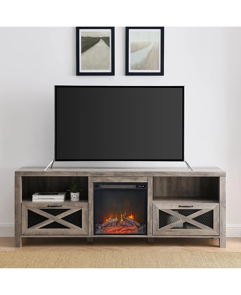Boyel Living 70 Inches Industrial Metal Mesh Fireplace Tv Stand Farmhouse Drop-Down X-Door with Electric for TVs up to 80 Inches, S