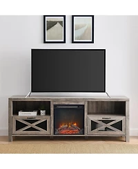 Boyel Living 70 Inches Industrial Metal Mesh Fireplace Tv Stand Farmhouse Drop-Down X-Door with Electric for TVs up to 80 Inches, S