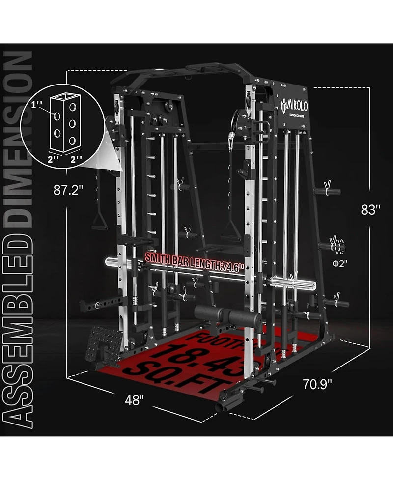 Mikolo Smith Machine, 2200lbs Squat Rack with Lat-Pull Down System & Cable Crossover Training Equipment Leg Hold-Down Attachment