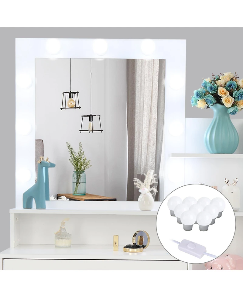 Slickblue Large Vanity Set with 9 Led Bulbs, Makeup Table with Cushioned Stool, 3 Storage Shelves & 4 Drawers