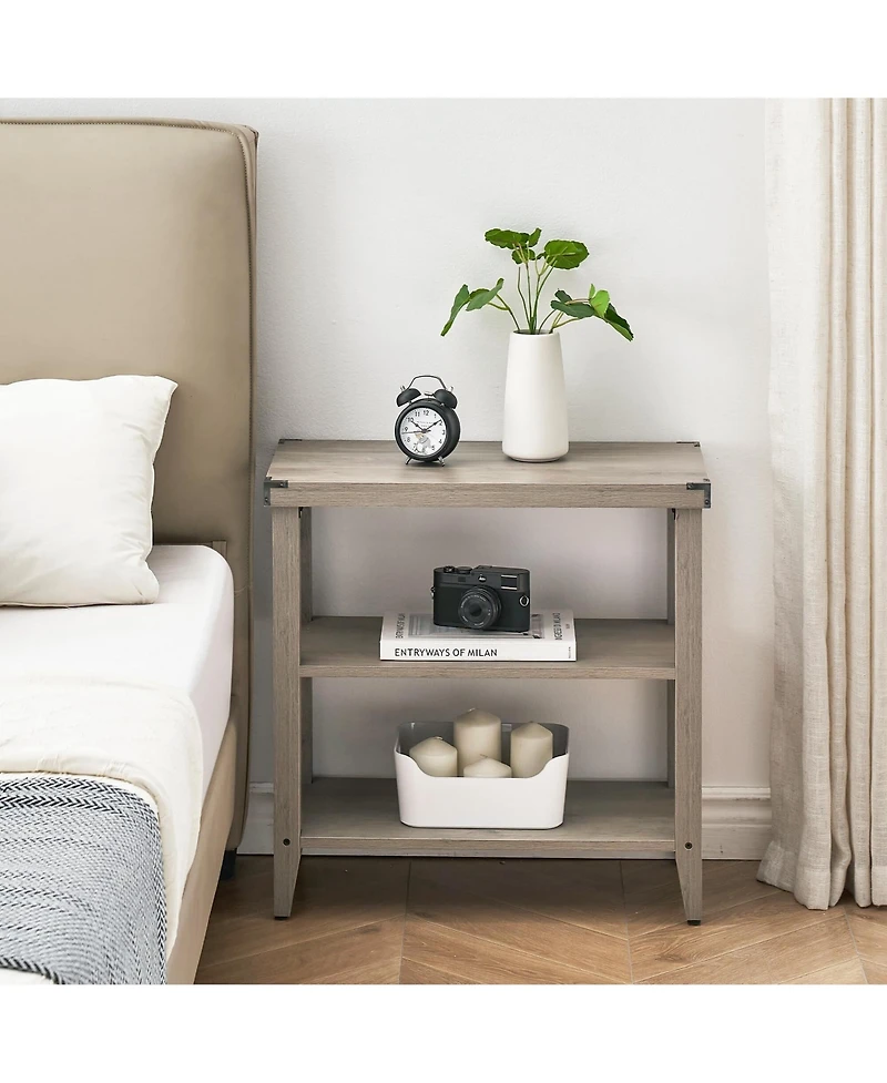 Gaomon Grey Farmhouse End Table, 3 Tier Rustic Side Table, Narrow Sofa Table Set of 2 with Ample Storage Shelf, Rectangular Nightstand