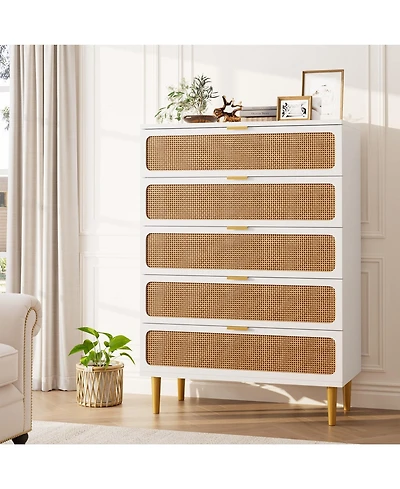 gaomon Rattan 5 Drawer Dresser for Bedroom