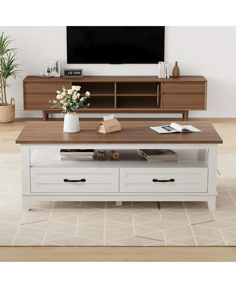 gaomon Farmhouse Coffee Table with Drawers, 47.2" Center Table Rustic Coffee Tables Walnut Living Room Table, Rectangle Center Table Long Cocktail Tab