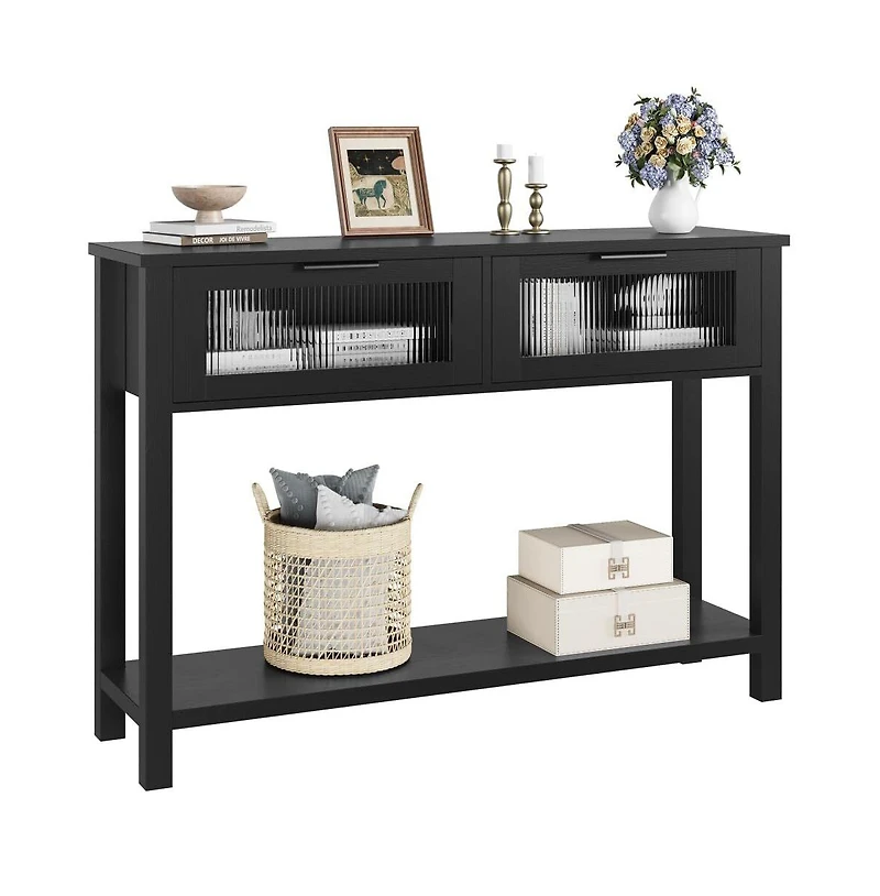 gaomon 43'' Narrow Console Table with Glass Drawers 2 Tier Sofa Table Entryway Table w/Storage Wood Console Table Side Table