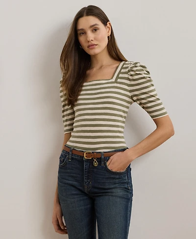 Lauren Ralph Lauren Women's Striped Cotton Jersey Puff-Sleeve Tee